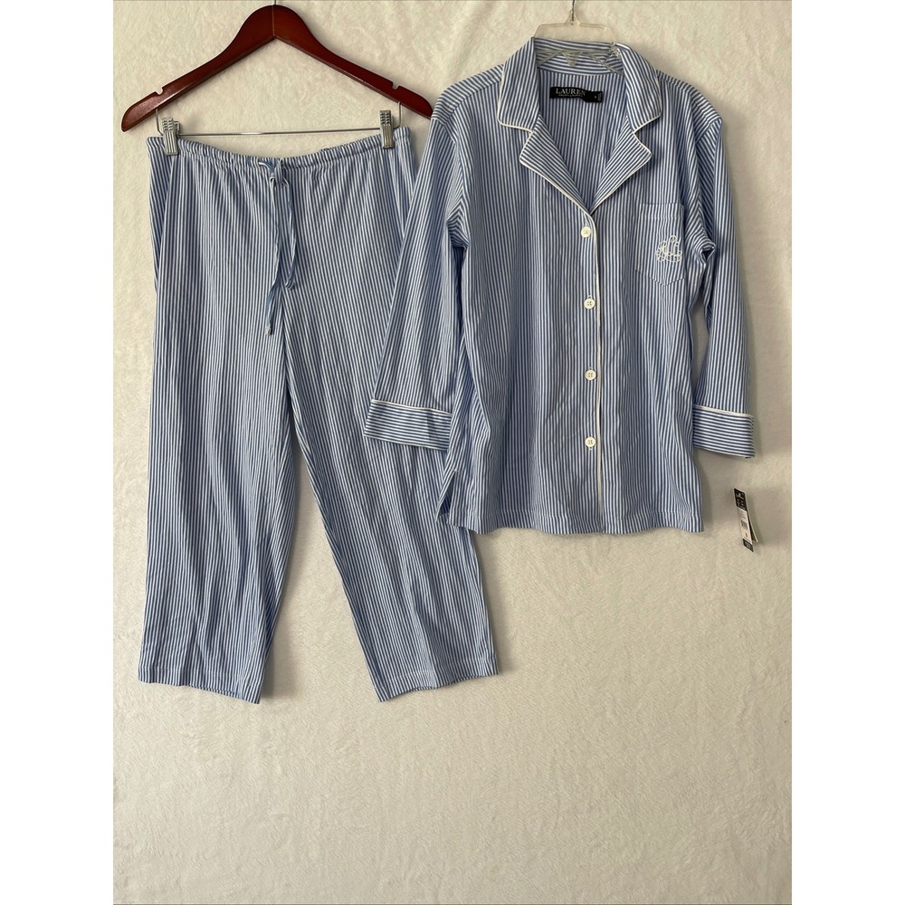 RALPH LAUREN Women's Size S White Blue Pinstripe Capri Pajama 2 Pc 100 % Cotton - Picture 3 of 7